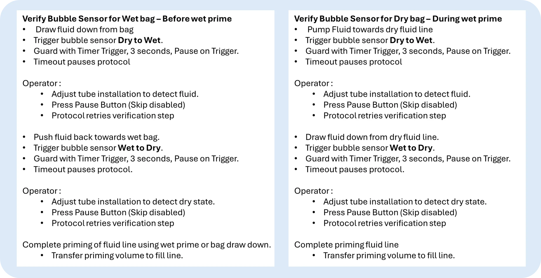 Bubble Sensor priming summary